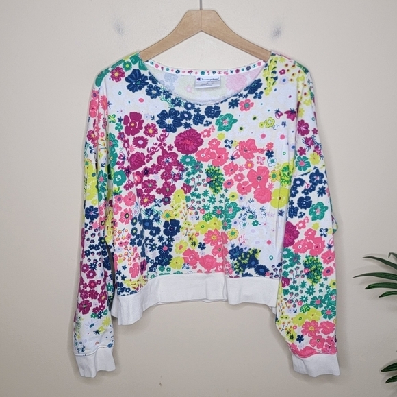 Champion Colorful Floral Cropped Boatneck Pullover with Raw Seams Size Large - Picture 1 of 7